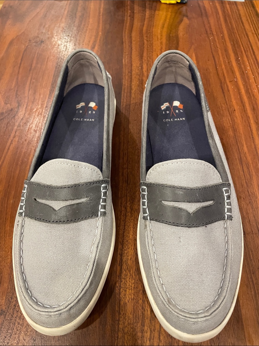 Cole Haan Light Gray Canvas and Dark Gray Leather Penny Loafers, 9B